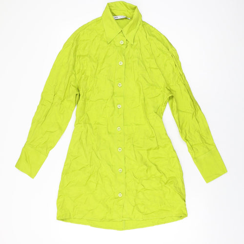 Zara Womens Green Viscose Shirt Dress Size S Collared Button