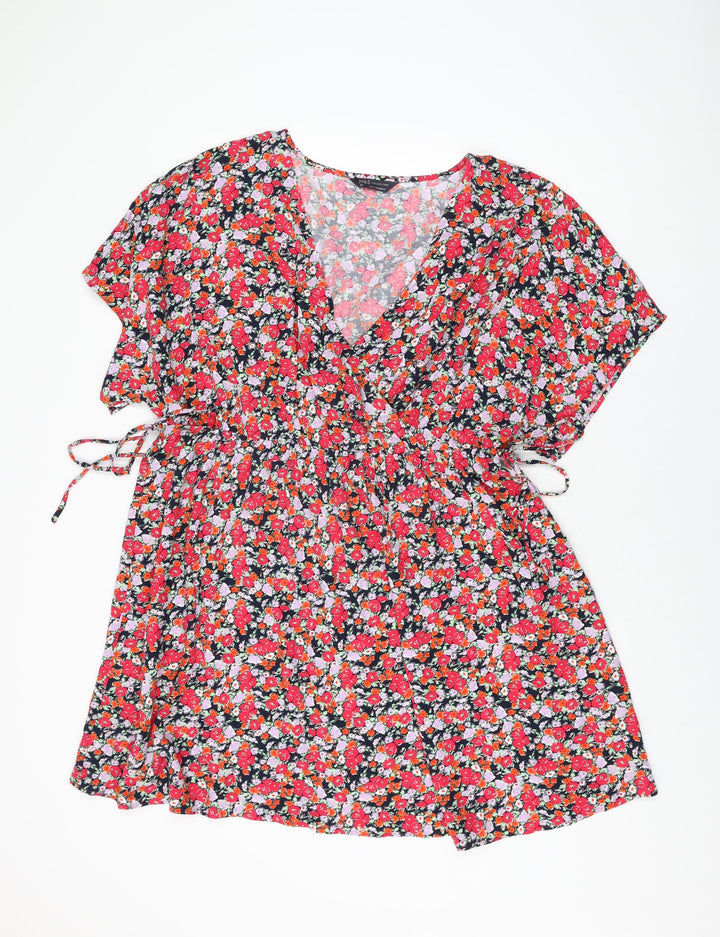 Marks and Spencer Womens Multicoloured Floral Viscose Shift Size 20 V-Neck Drawstring