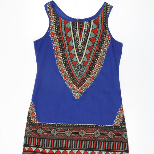 Band of Gypsies Womens Blue Geometric Polyester Shift Size M Round Neck Zip