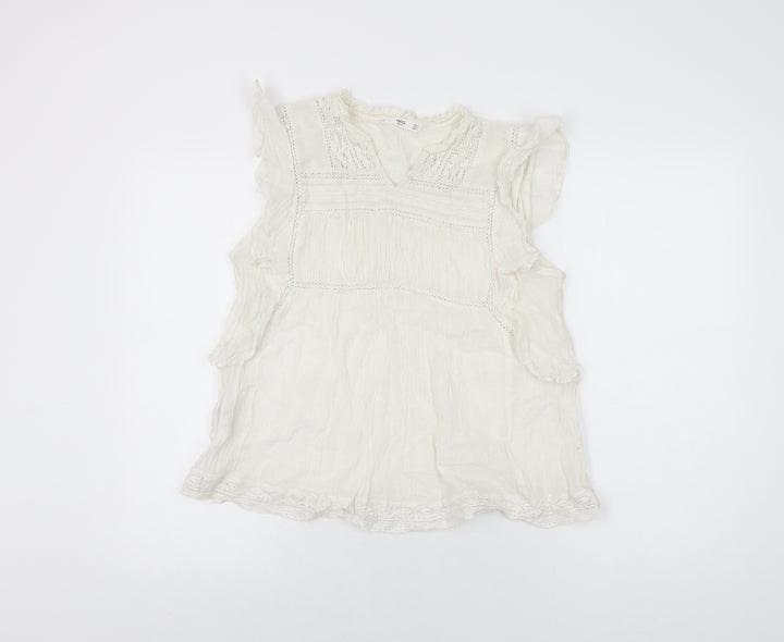 Mango Womens White Cotton Basic T-Shirt Size L V-Neck