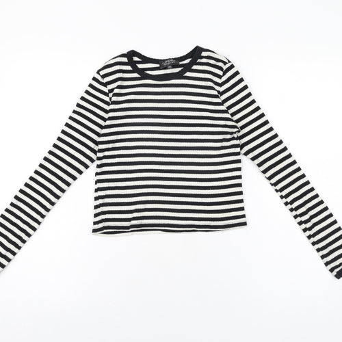 Topshop Womens White Striped Cotton Basic T-Shirt Size 10 Round Neck
