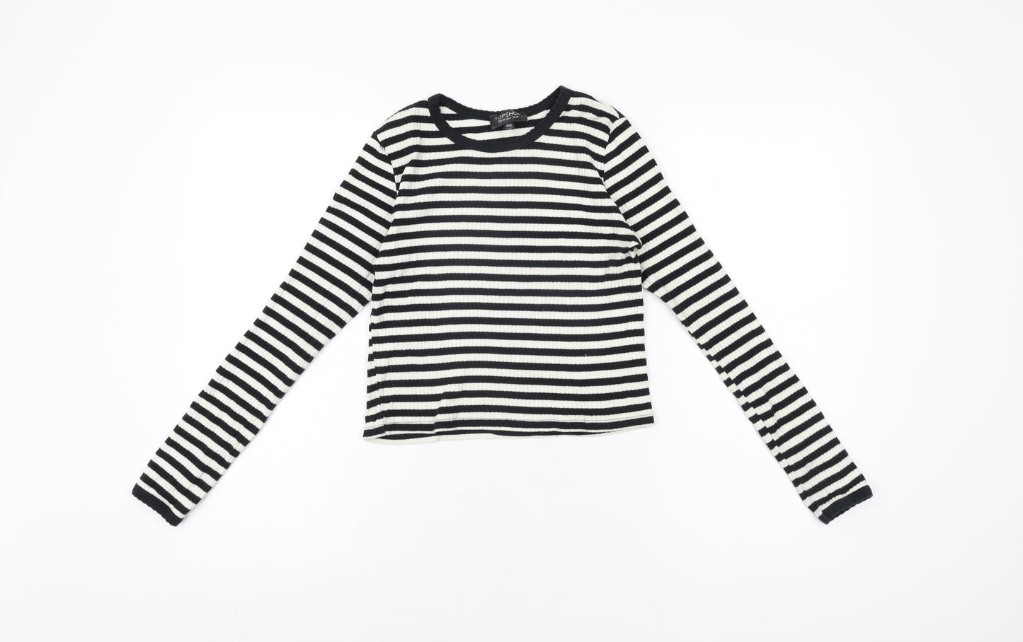 Topshop Womens White Striped Cotton Basic T-Shirt Size 10 Round Neck