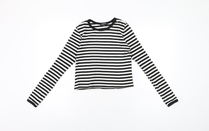 Topshop Womens White Striped Cotton Basic T-Shirt Size 10 Round Neck