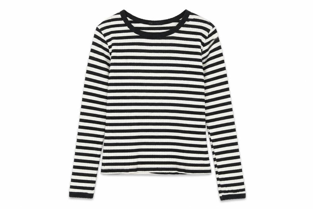 Front view of Topshop women’s white striped cotton basic t-shirt, size UK 10, round neck