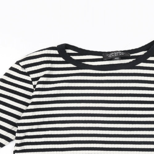 Topshop Womens White Striped Cotton Basic T-Shirt Size 10 Round Neck
