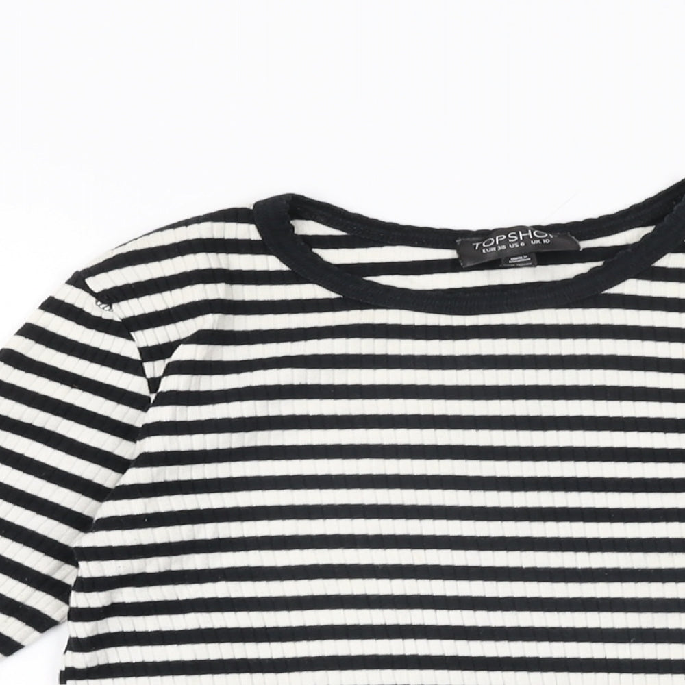 Topshop Womens White Striped Cotton Basic T-Shirt Size 10 Round Neck