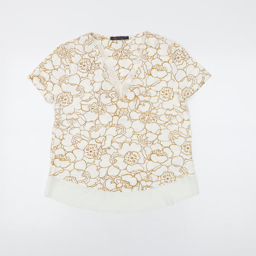 Marks and Spencer Womens White Floral Viscose Basic T-Shirt Size 8 V-Neck