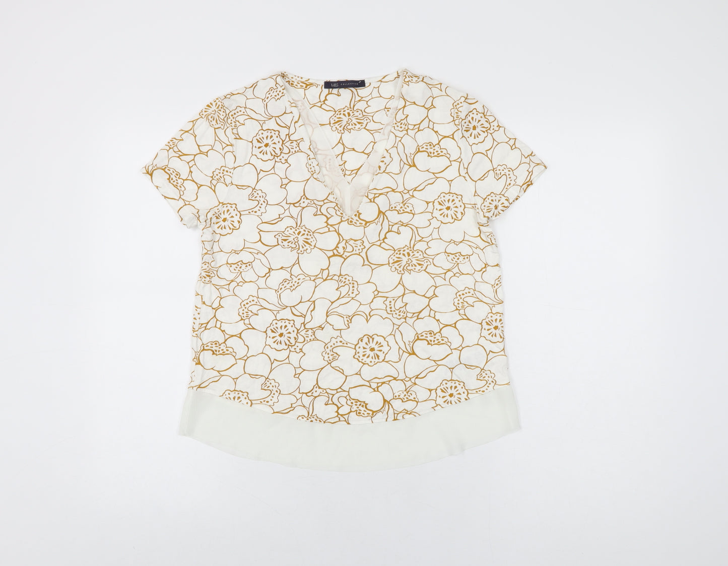 Marks and Spencer Womens White Floral Viscose Basic T-Shirt Size 8 V-Neck
