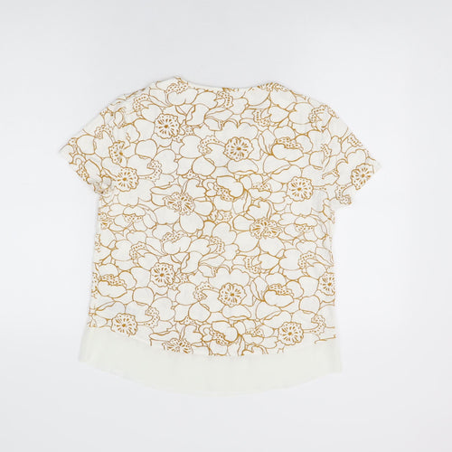 Marks and Spencer Womens White Floral Viscose Basic T-Shirt Size 8 V-Neck
