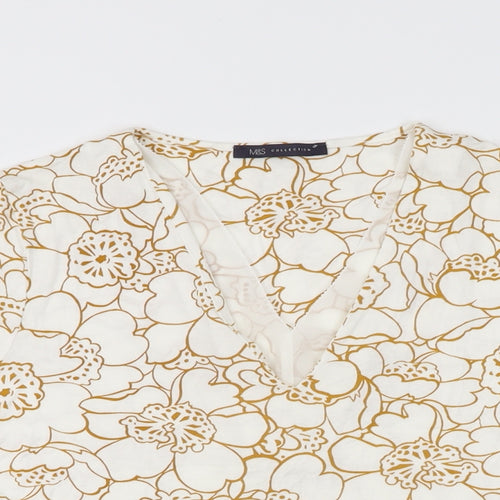 Marks and Spencer Womens White Floral Viscose Basic T-Shirt Size 8 V-Neck