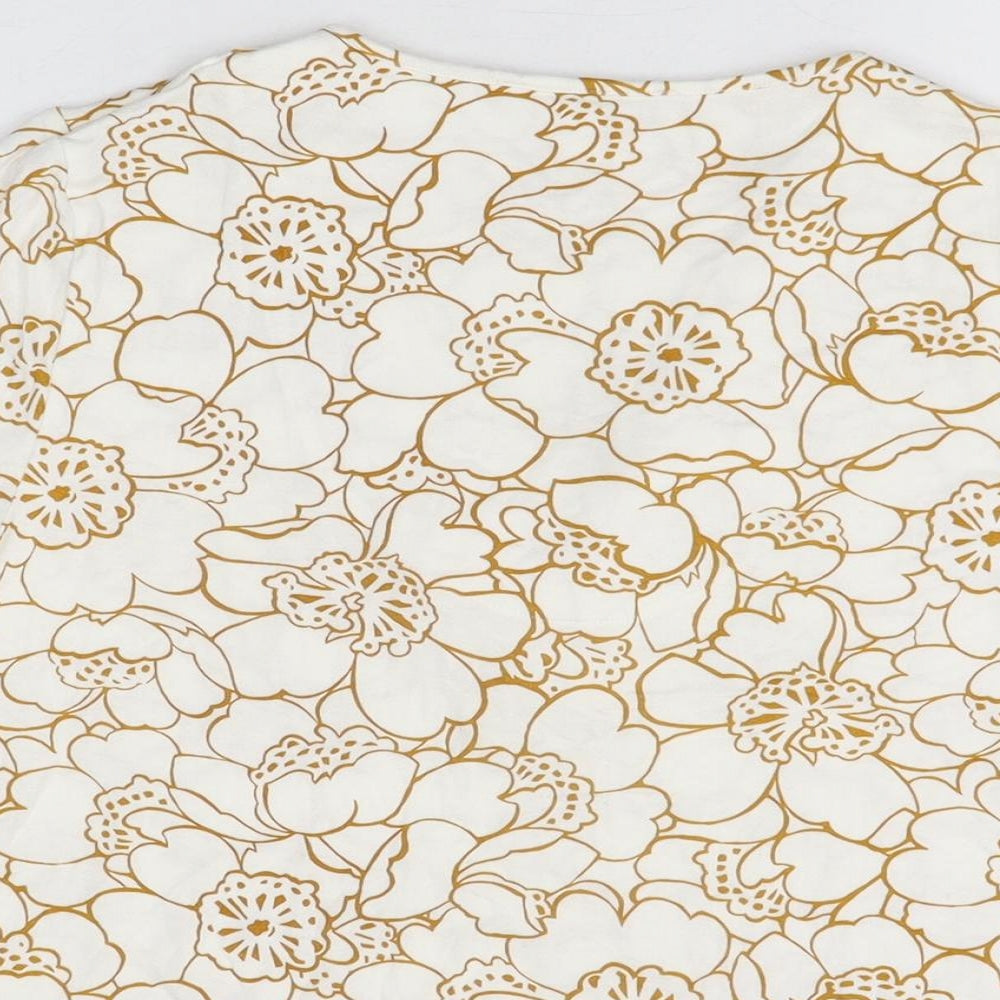 Marks and Spencer Womens White Floral Viscose Basic T-Shirt Size 8 V-Neck