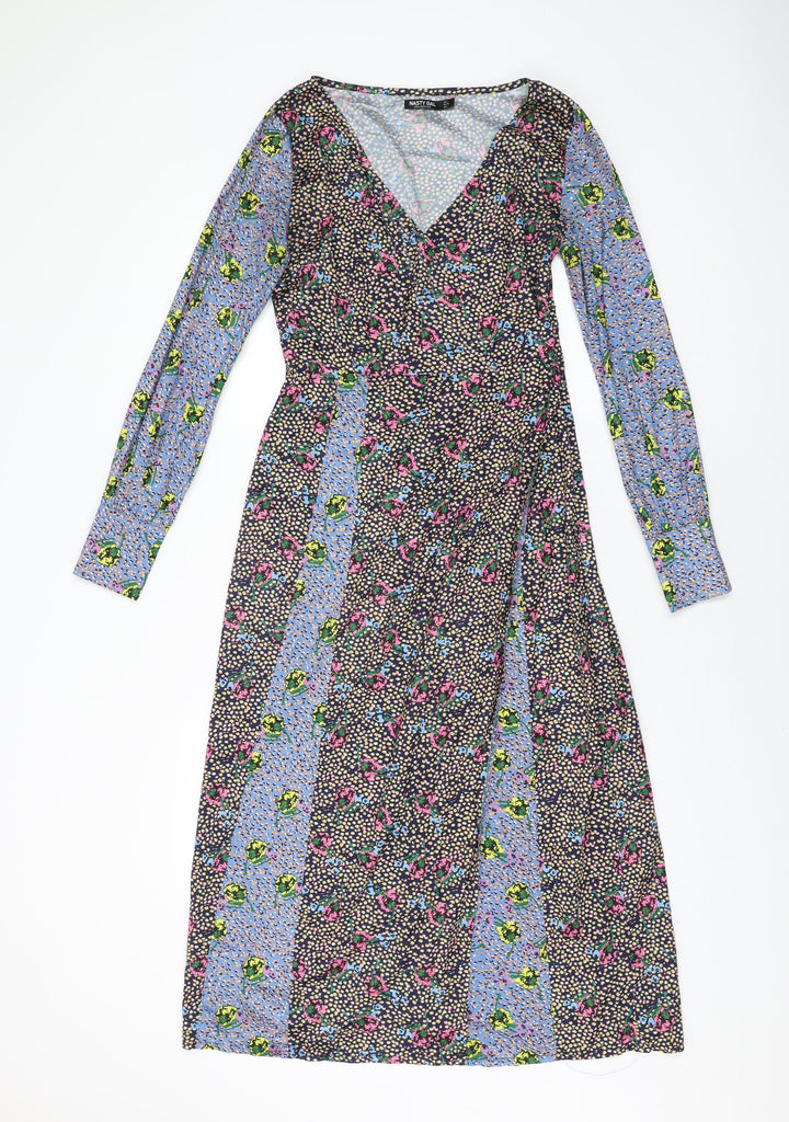 Nasty Gal Womens Multicoloured Floral Polyester Wrap Dress Size 8 V-Neck Zip