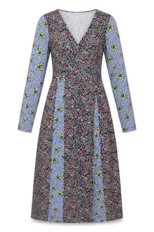 Front view of Nasty Gal women’s multicoloured floral polyester wrap dress, size UK 8, v-neck zip