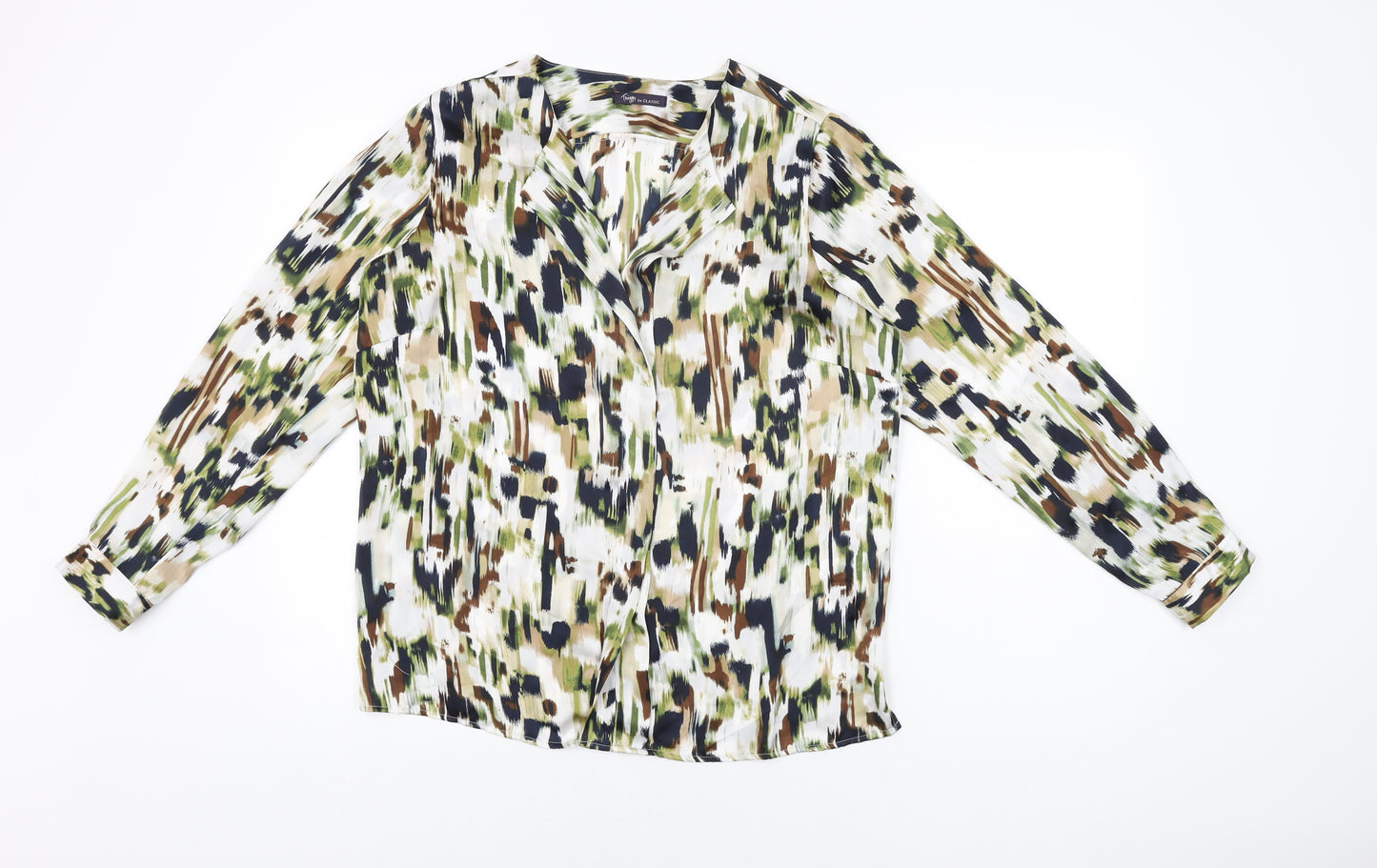 Marks and Spencer Womens White Geometric Polyester Basic Blouse Size 14 V-Neck