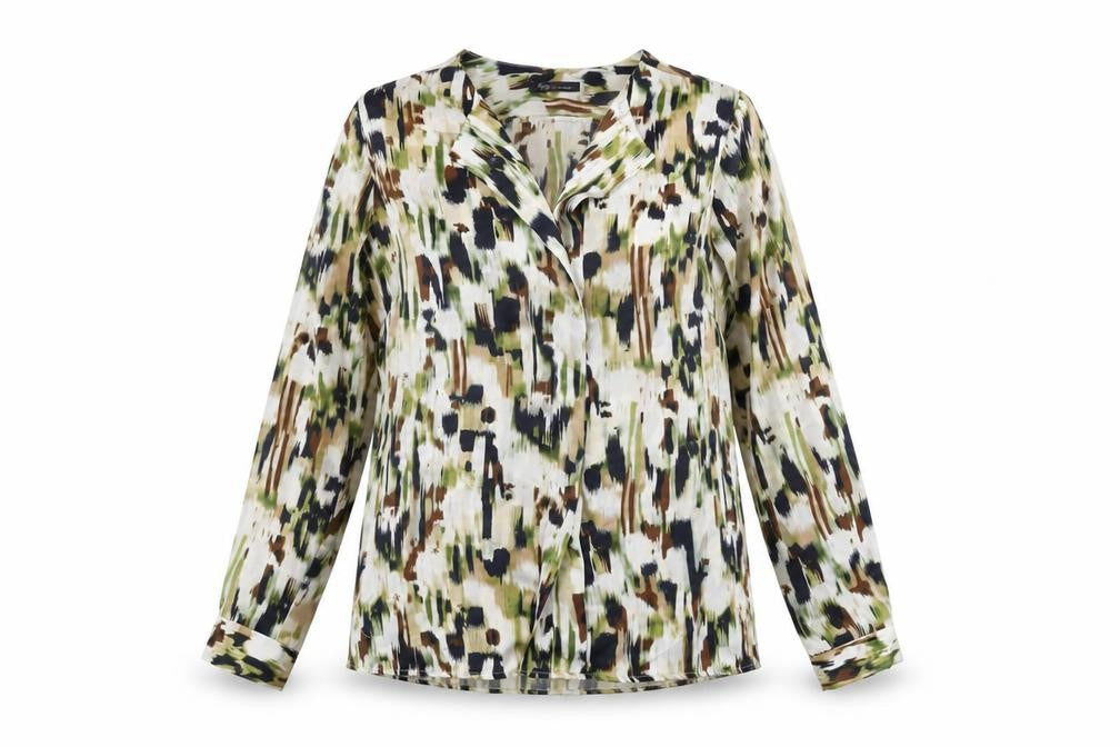 Front view of Marks & Spencer women’s white geometric polyester basic blouse, size UK 14, v-neck