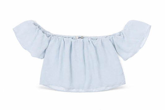 Front view of Forever 21 women’s blue polyester cropped blouse, size S, off the shoulder