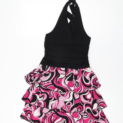 Speechless Womens Black Geometric Polyester Mini Size 10 Halter Tie