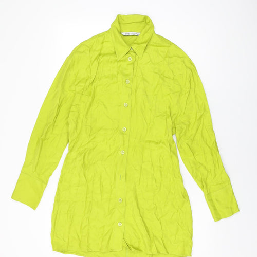 Zara Womens Green Viscose Shirt Dress Size L Collared Button
