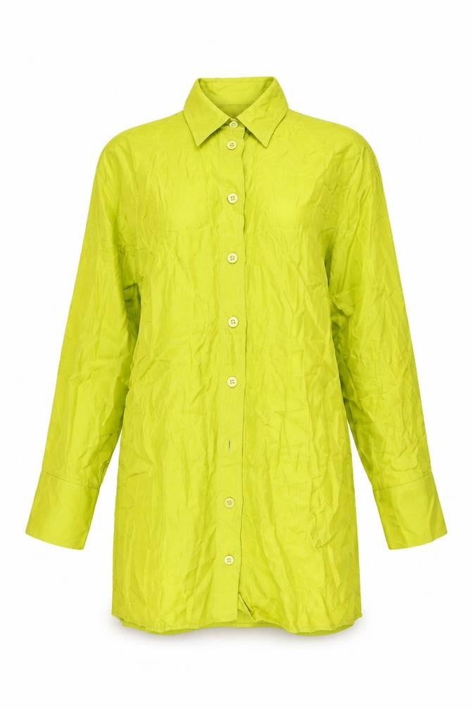 Front view of Zara women’s green viscose shirt dress, size L, collared button