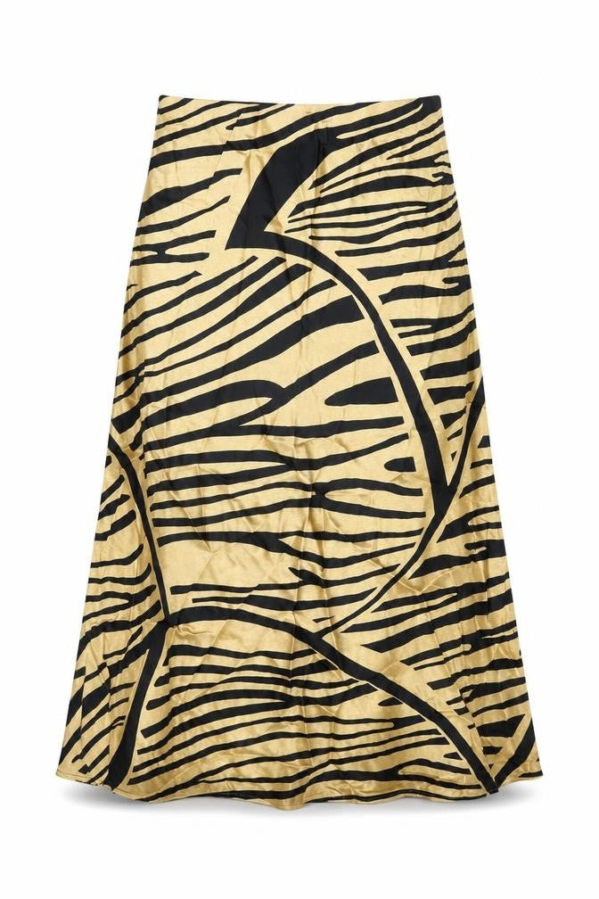 Front view of H&M women’s beige geometric viscose flare skirt, size S