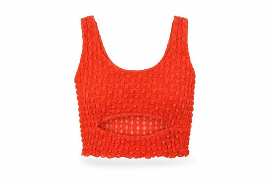 Front view of As You women’s red polyester cropped t-shirt, size UK 10, scoop neck