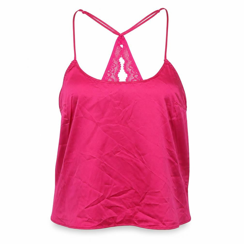 Front view of Marks & Spencer women’s pink solid polyester cami pyjama top, size XS