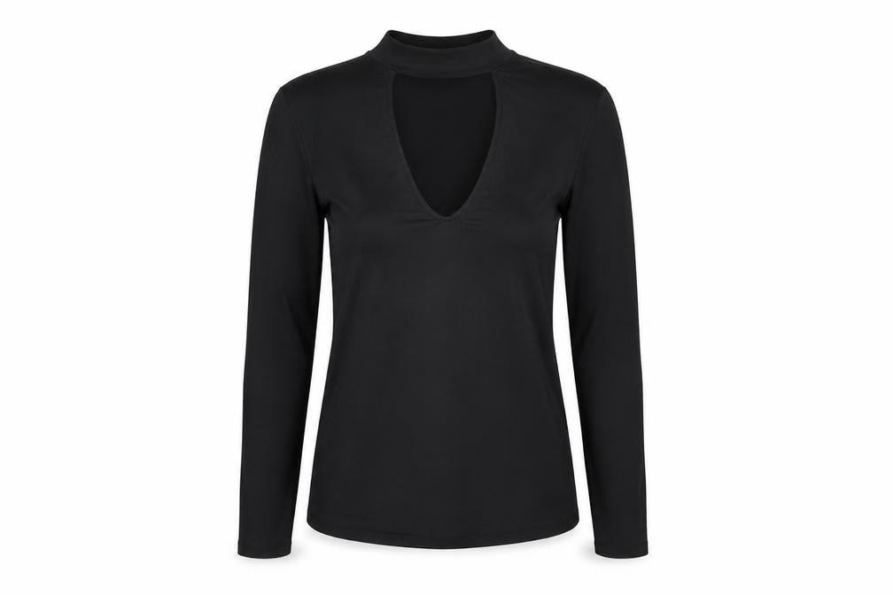 Front view of H&M women’s black polyester basic t-shirt, size M, round neck