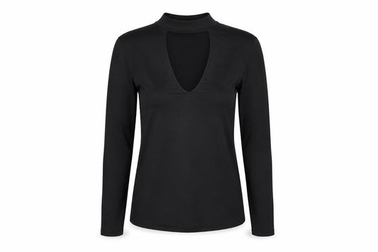 Front view of H&M women’s black polyester basic t-shirt, size M, round neck