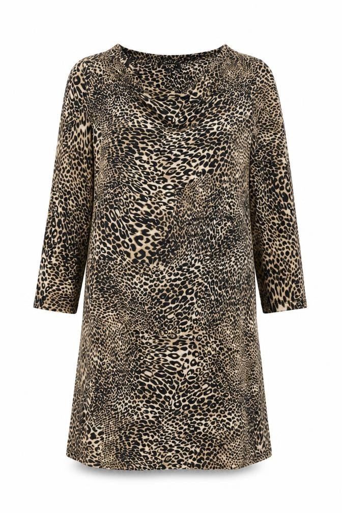 Front view of Principles women’s beige animal print viscose shift, size UK 12, cowl neck pullover