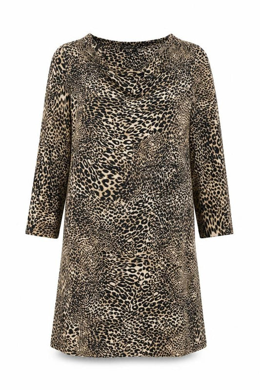 Front view of Principles women’s beige animal print viscose shift, size UK 12, cowl neck pullover