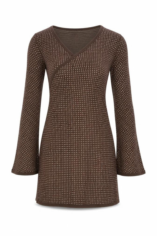 Front view of ASOS women’s brown polyester mini, size UK 12, v-neck pullover