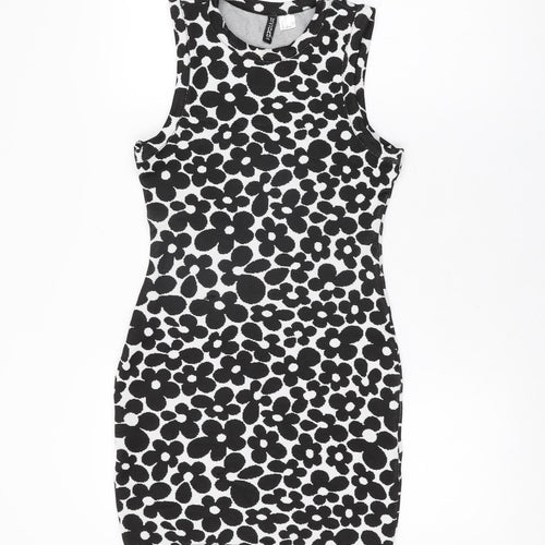 H&M Womens White Floral Polyester Bodycon Size S Round Neck Pullover