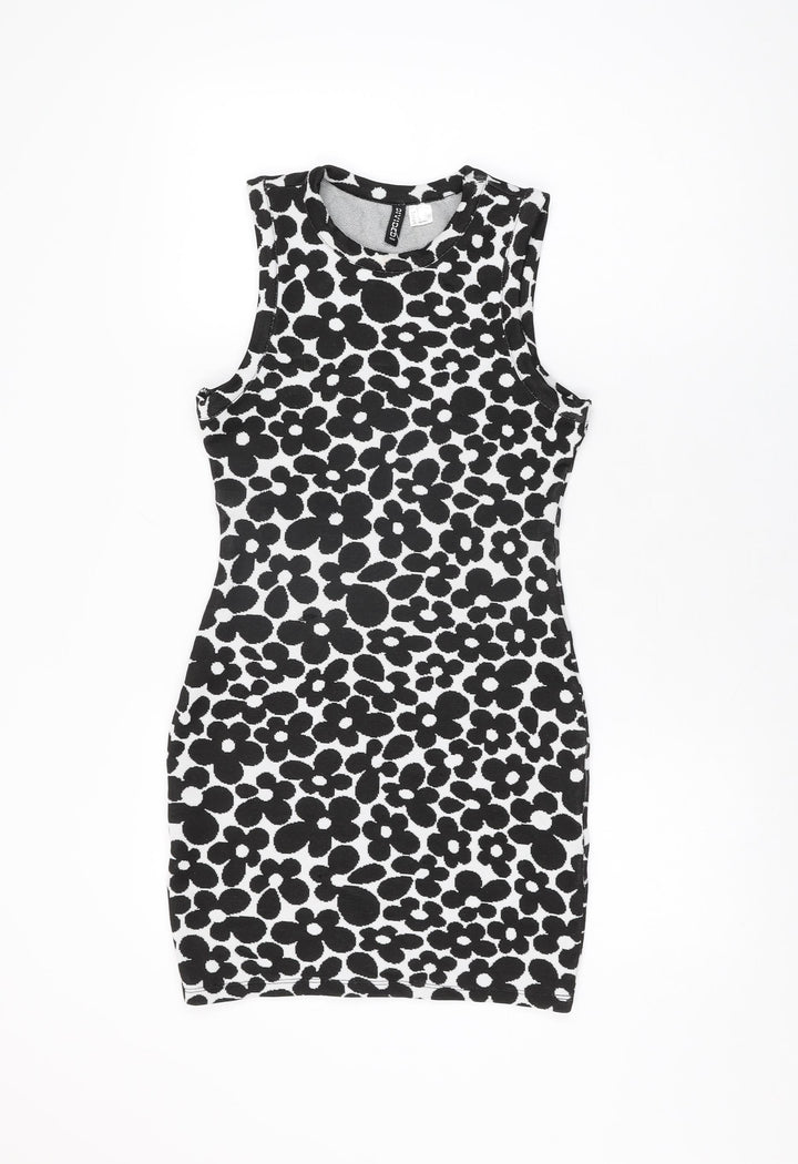 H&M Womens White Floral Polyester Bodycon Size S Round Neck Pullover