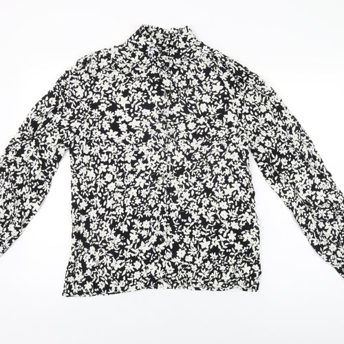 John Lewis Womens Black Floral Viscose Basic Button-Up Size 12 Round Neck
