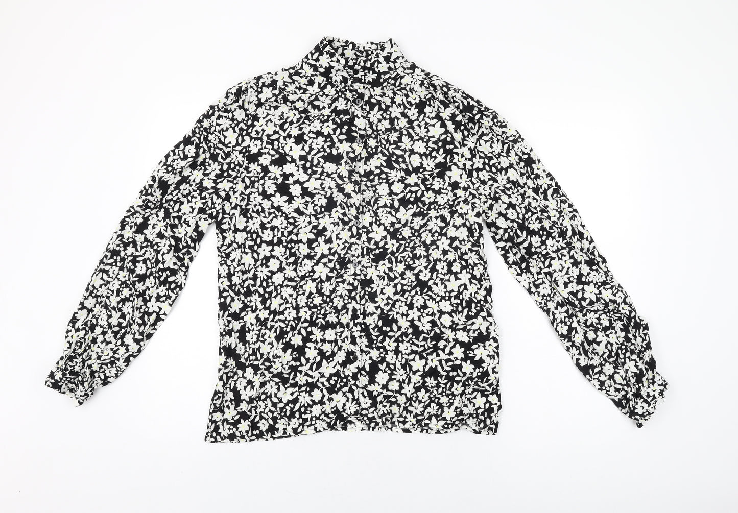 John Lewis Womens Black Floral Viscose Basic Button-Up Size 12 Round Neck
