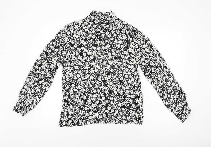 John Lewis Womens Black Floral Viscose Basic Button-Up Size 12 Round Neck
