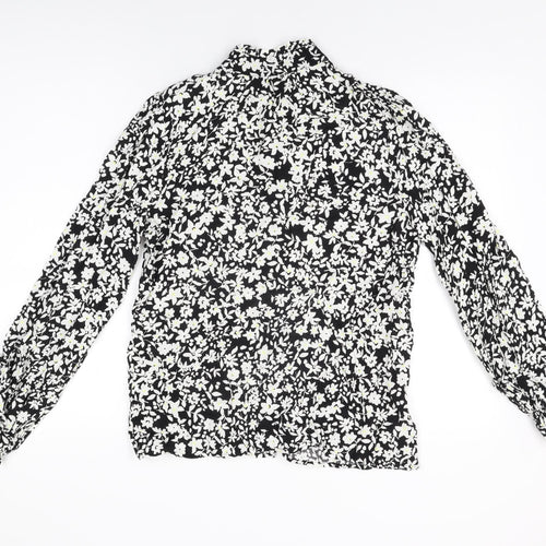 John Lewis Womens Black Floral Viscose Basic Button-Up Size 12 Round Neck
