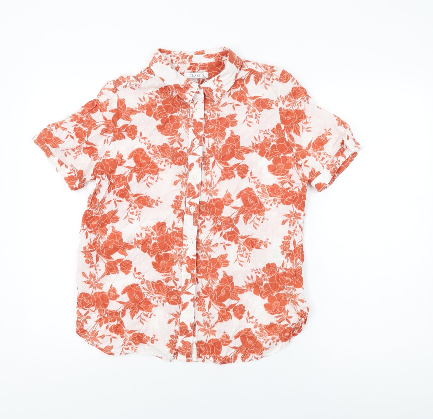 Marks and Spencer Womens White Floral Cotton Basic Button-Up Size 12 Collared