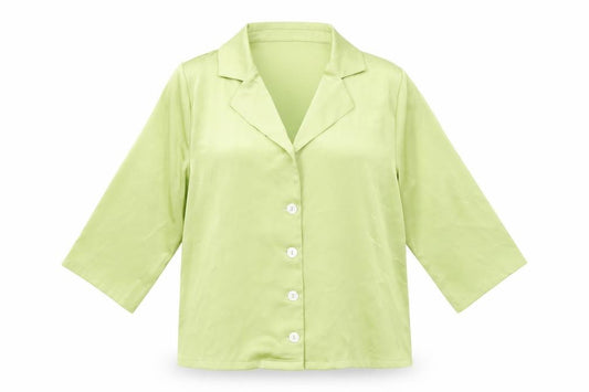 Front view of Fashion Union women’s green polyester basic button-up, size UK 8, collared