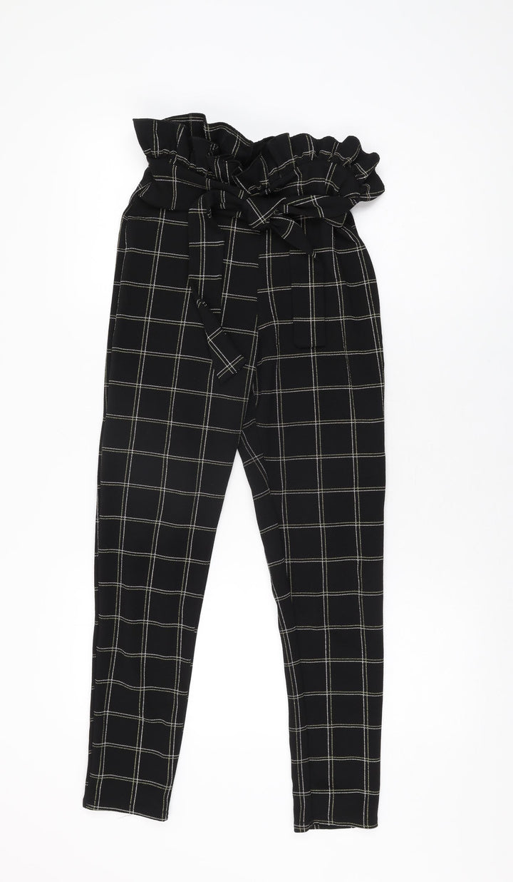 PRETTYLITTLETHING Womens Black Geometric Polyester Trousers Size 8 L27 in Regular Tie