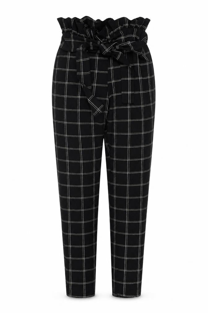 Front view of PRETTYLITTLETHING women’s black geometric polyester trousers, size UK 8, 27-inch leg regular tie