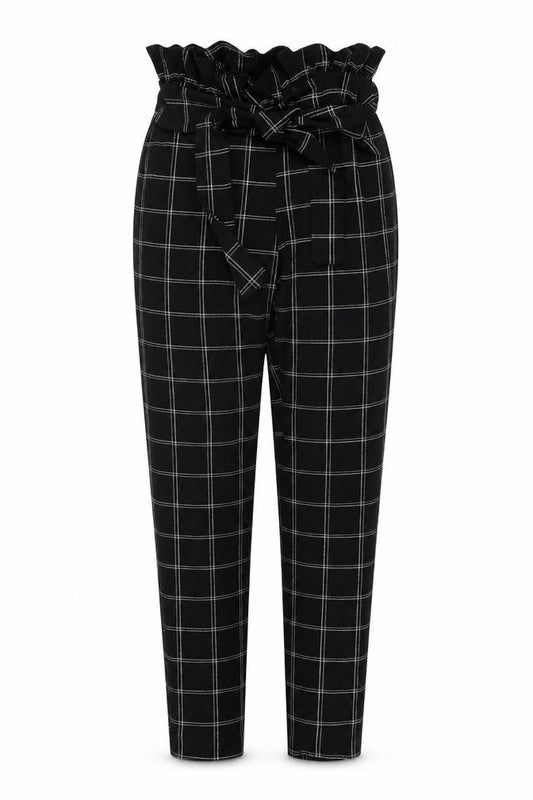 Front view of PRETTYLITTLETHING women’s black geometric polyester trousers, size UK 8, 27-inch leg regular tie