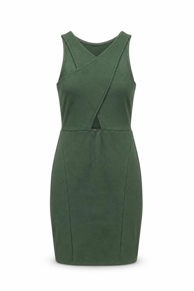 Front view of Miss Selfridge women’s green polyester bodycon, size UK 8, v-neck pullover