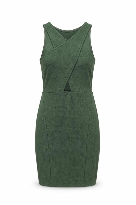 Front view of Miss Selfridge women’s green polyester bodycon, size UK 8, v-neck pullover