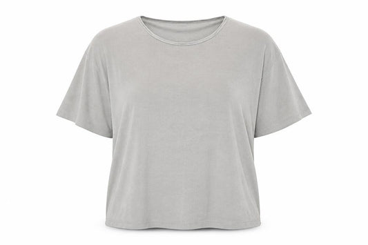 Front view of Essence women’s grey polyester basic t-shirt, size UK 30, round neck