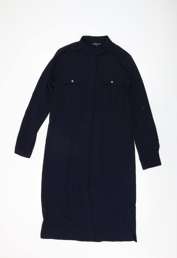 Warehouse Womens Blue Polyester Shift Size 8 Collared Button