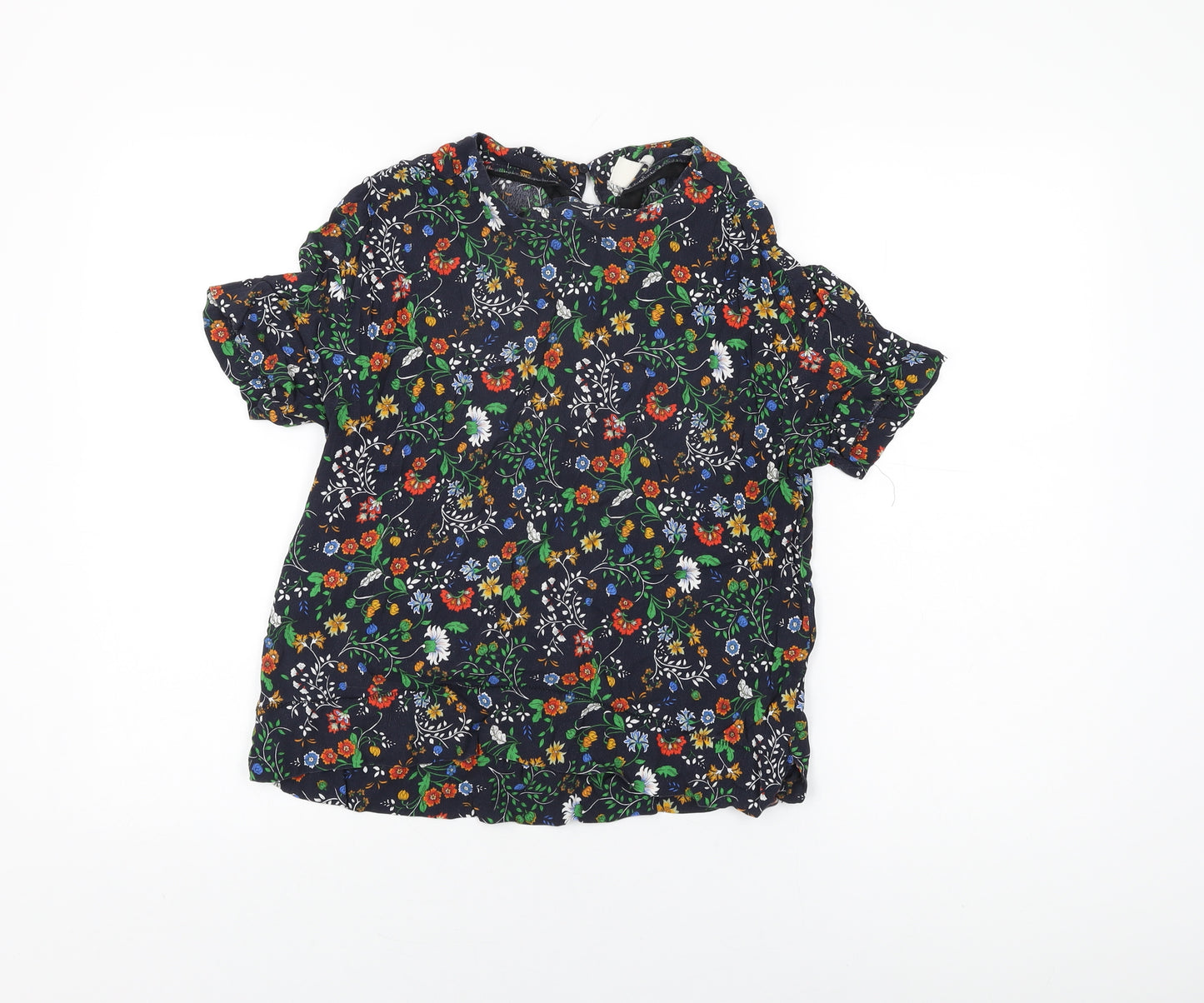 H&M Womens Blue Floral Viscose Basic T-Shirt Size 10 Round Neck