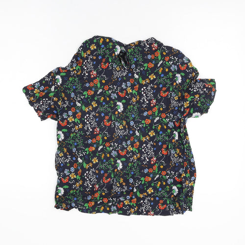 H&M Womens Blue Floral Viscose Basic T-Shirt Size 10 Round Neck