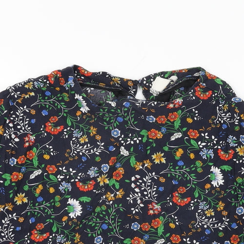 H&M Womens Blue Floral Viscose Basic T-Shirt Size 10 Round Neck
