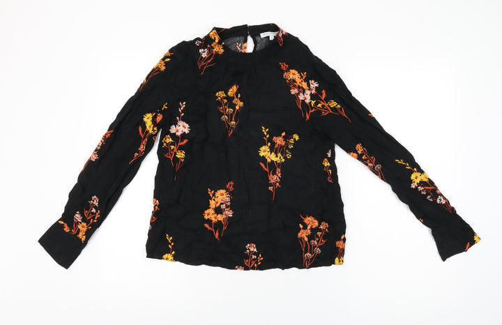 Warehouse Womens Black Floral Viscose Basic T-Shirt Size 10 Round Neck